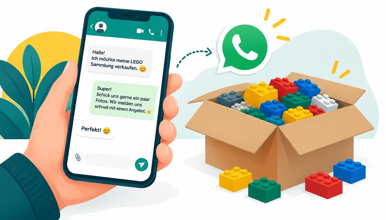 Smartphone mit WhatsApp-Chat neben einem Karton voller bunter LEGO Steine