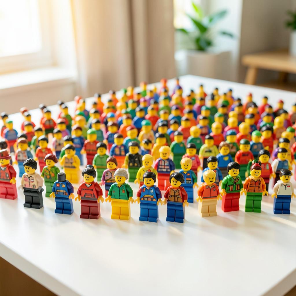Große LEGO Minifiguren-Sammlung in Reihen auf einem Tisch