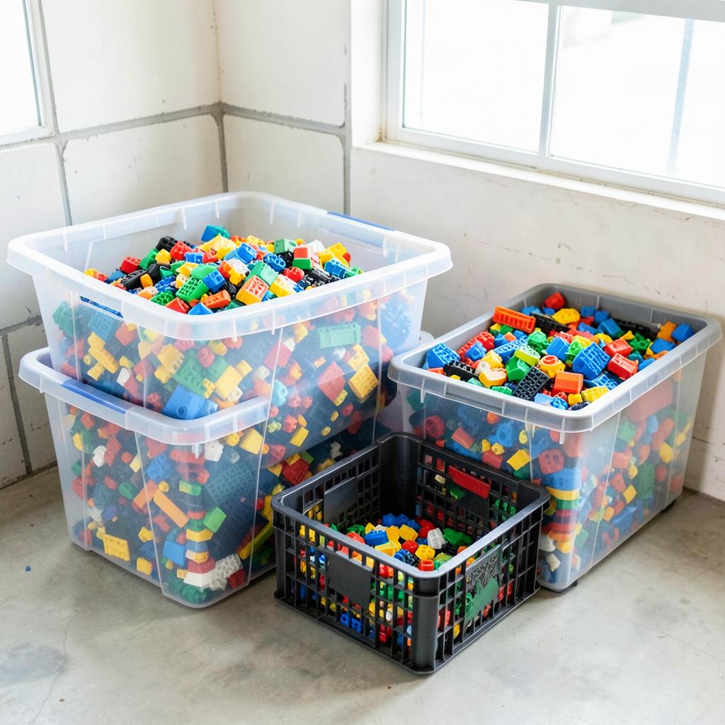 Kisten und Boxen voller gemischter LEGO Steine aus einer Kellerauflösung