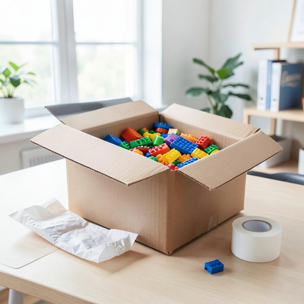 Karton mit LEGO Steinen, sicher verpackt für den versicherten Versand