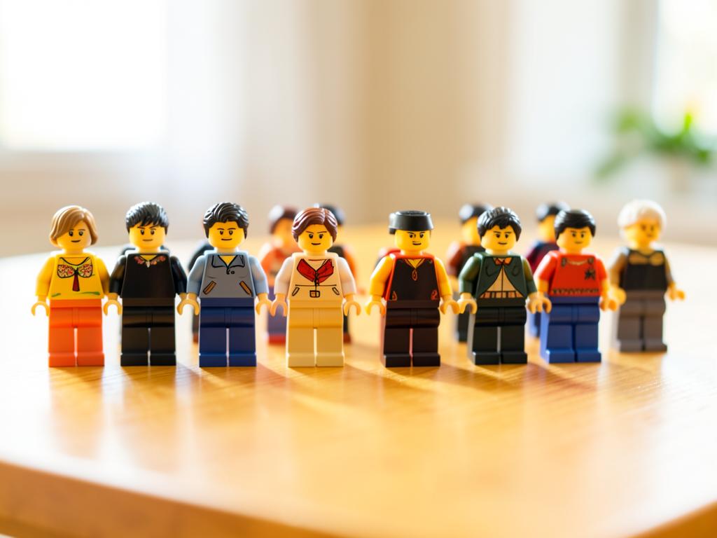 Gebrauchte LEGO Minifiguren nebeneinander auf einem Holztisch